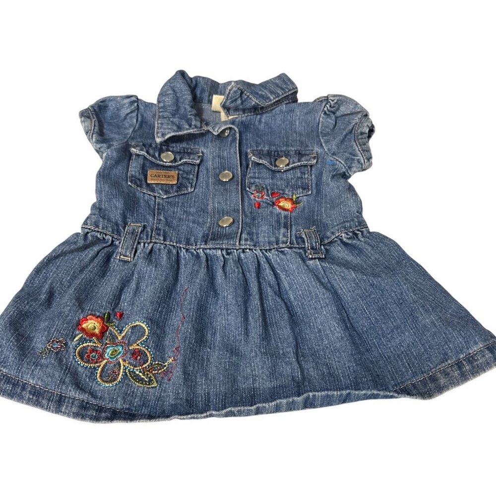 Vintage Carters Baby Denim Dress With Floral Embroidery‎ 3/6M Short Sleeves Snap